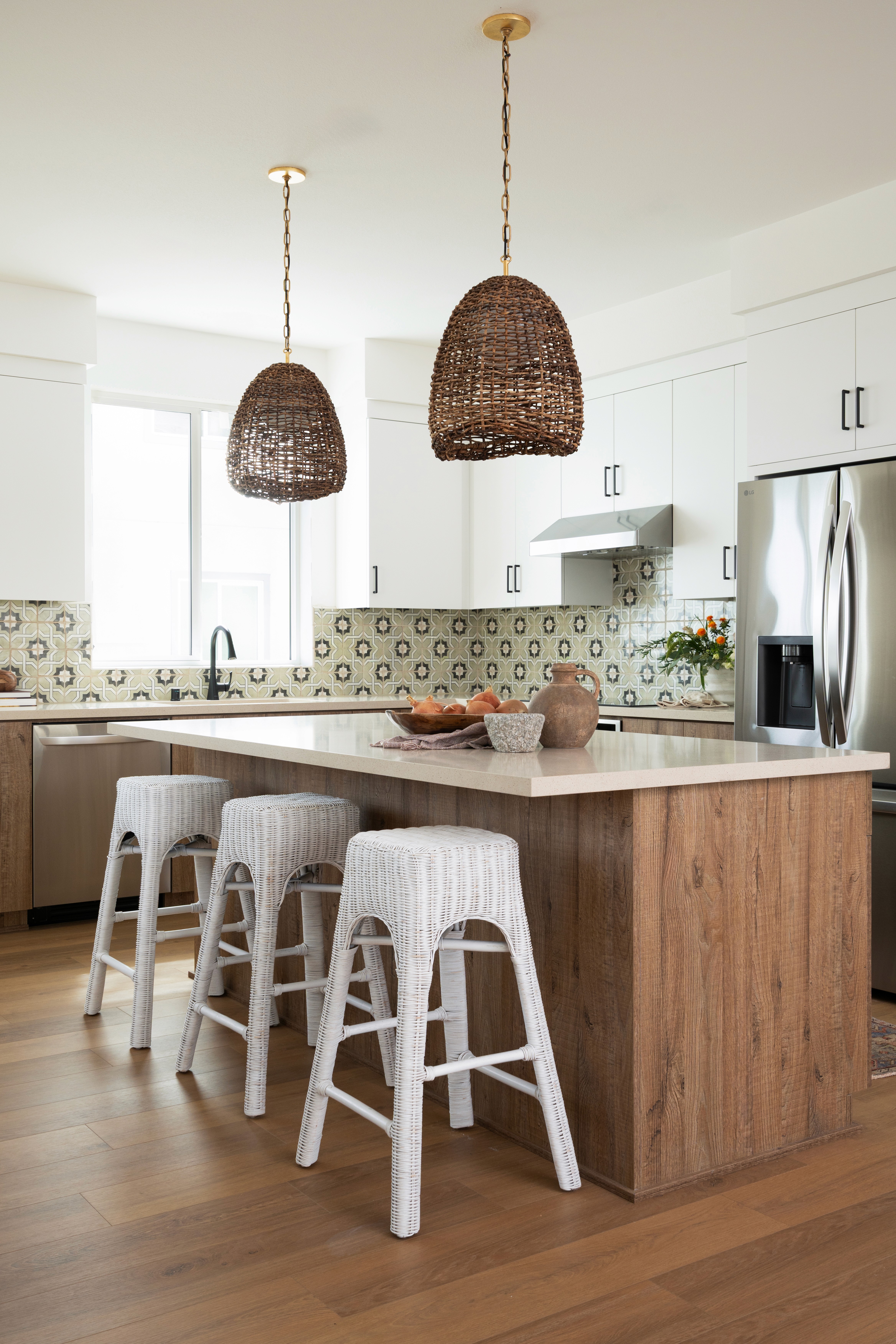 Kitchen and island view with pendant lighting