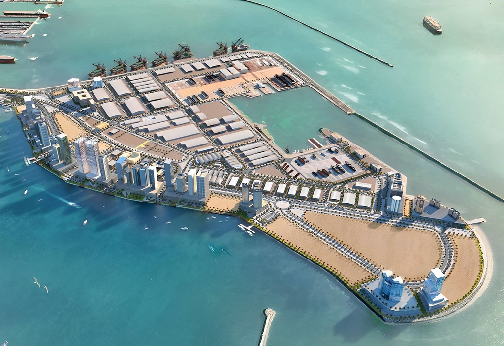 Aerial view of Dubai Maritime City showcasing modern architecture and waterfront facilities along the coastline.