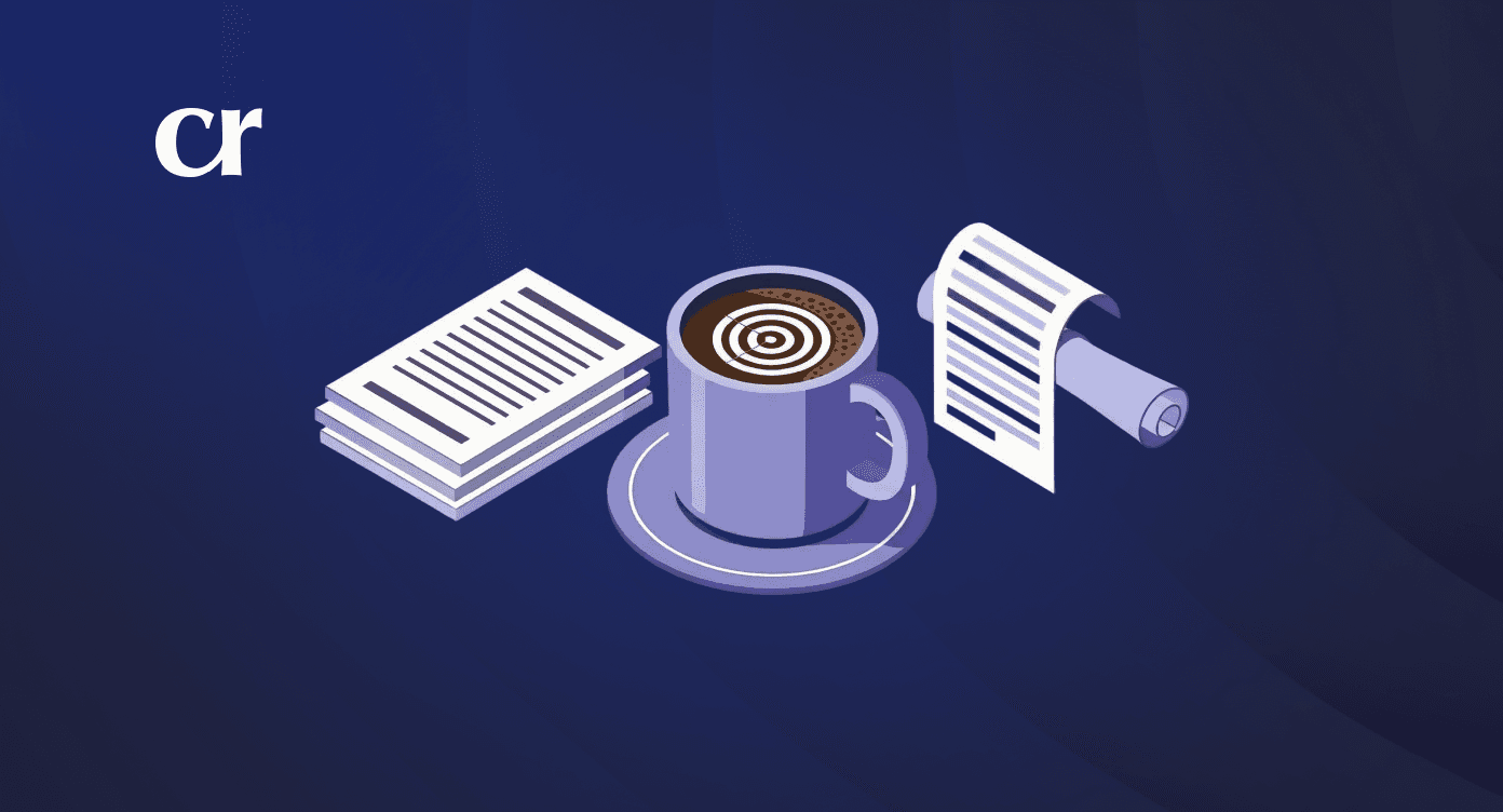 Photograph of a table in a cafe - the table contains a laptop, some financial papers with a calculator, two cups of coffee and a croissant. White text on the image reads: "Coffee with Creso. Spark more client conversations, one coffee at a time!"