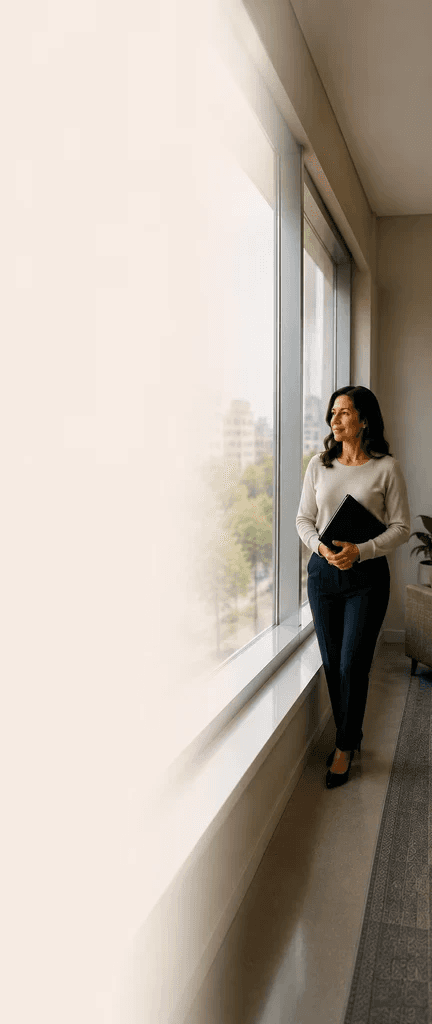 Woman standing in a bright office holding a folder