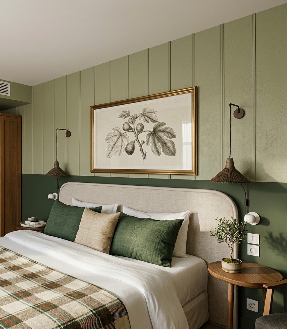 Vintage-modern living room with tufted sofas, false ceiling, and layered warm lighting.
