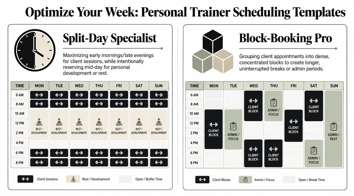 A visual guide comparing two weekly scheduling templates designed for personal trainers to optimize their professional time.