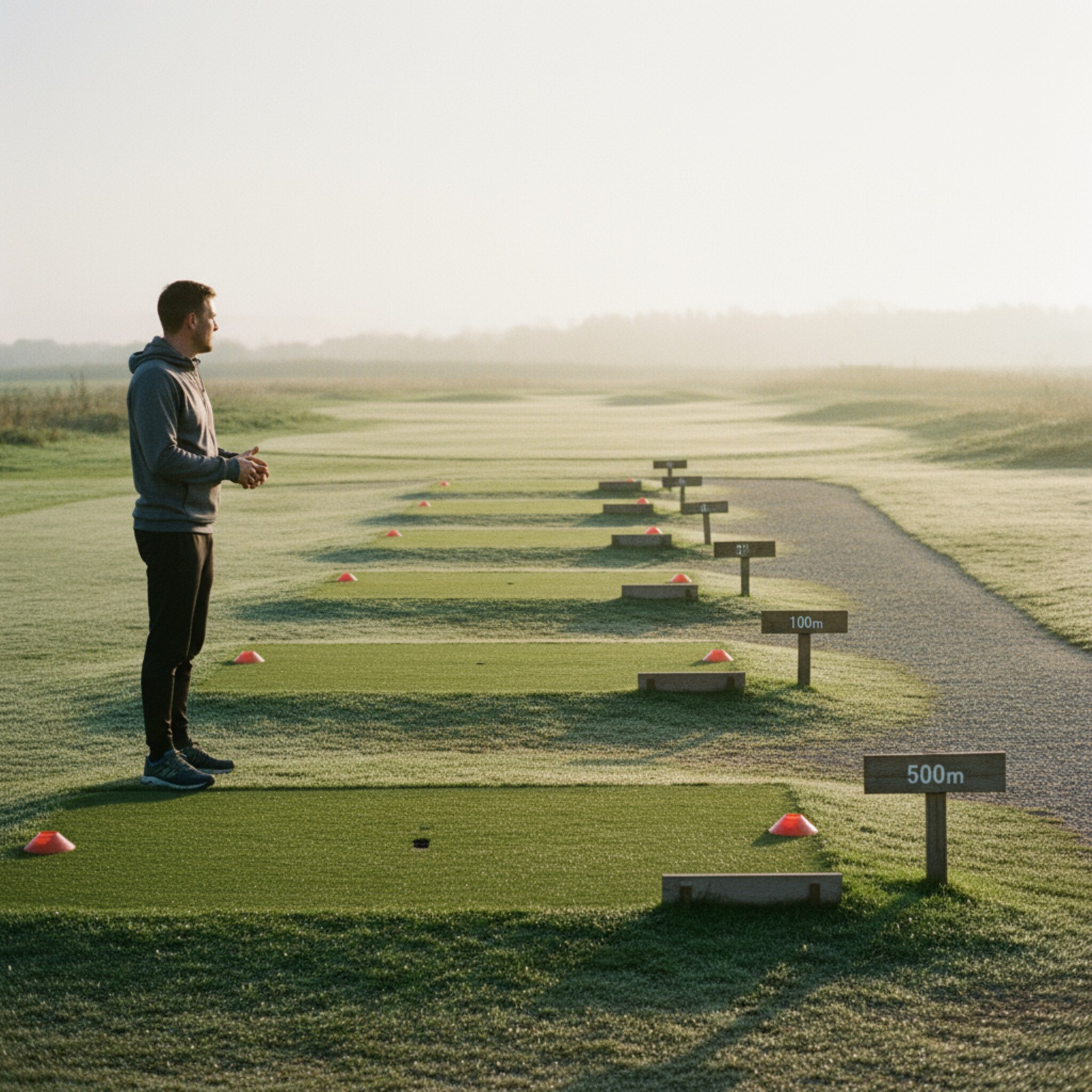 Ein früher Morgen mit Tau auf den Bahnen. Einige Startpunkte sind mit kleinen Kegeln markiert, andere frei, sodass ein klarer Rhythmus entsteht. Das Licht ist weich, die Farben ruhig und natürlich. Die Szene vermittelt Struktur, Ordnung und vorausschauende Planung.