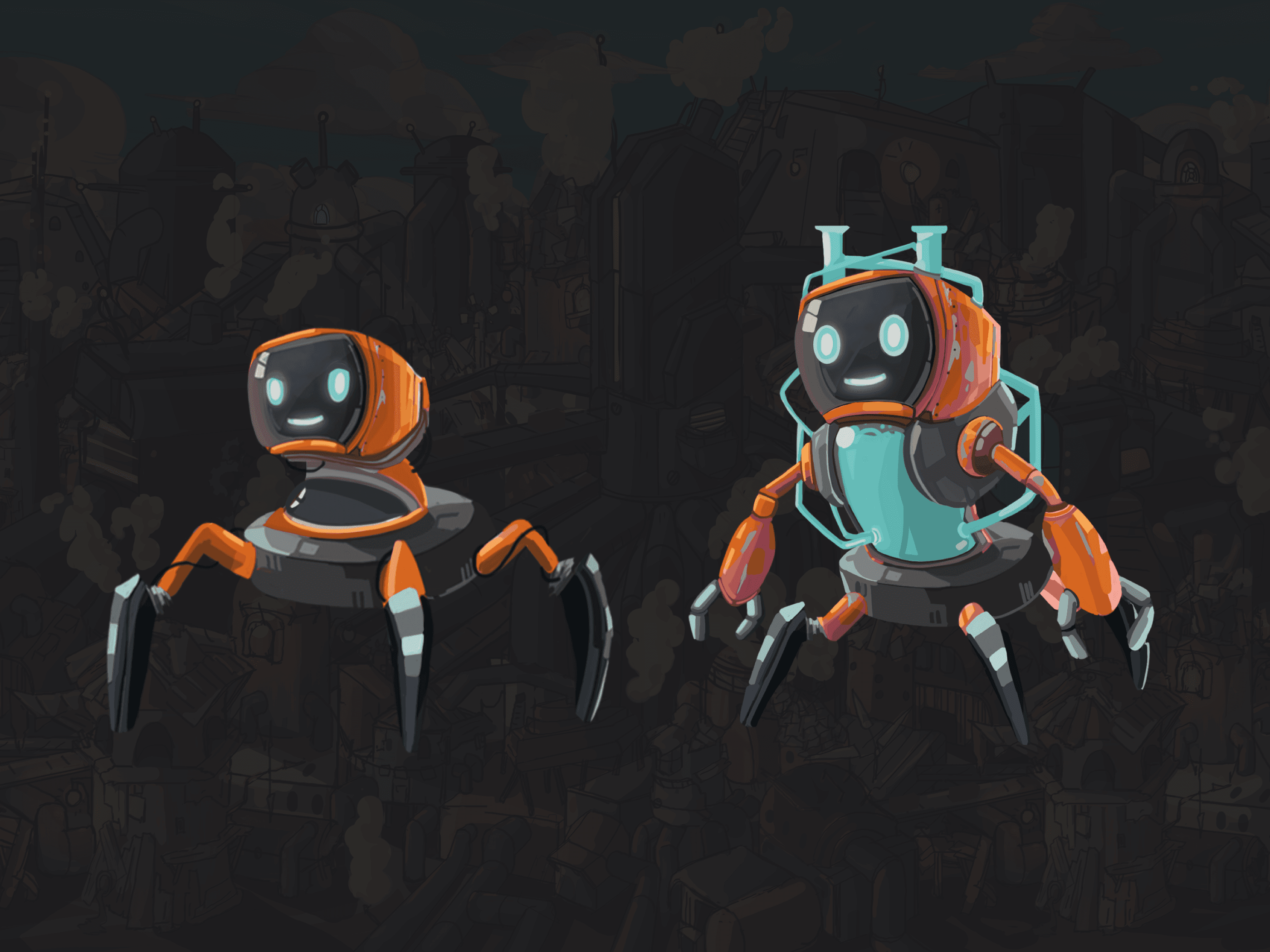 Illustration de deux robots stylisés de couleur orange et gris avec des expressions souriantes dans un décor industriel.