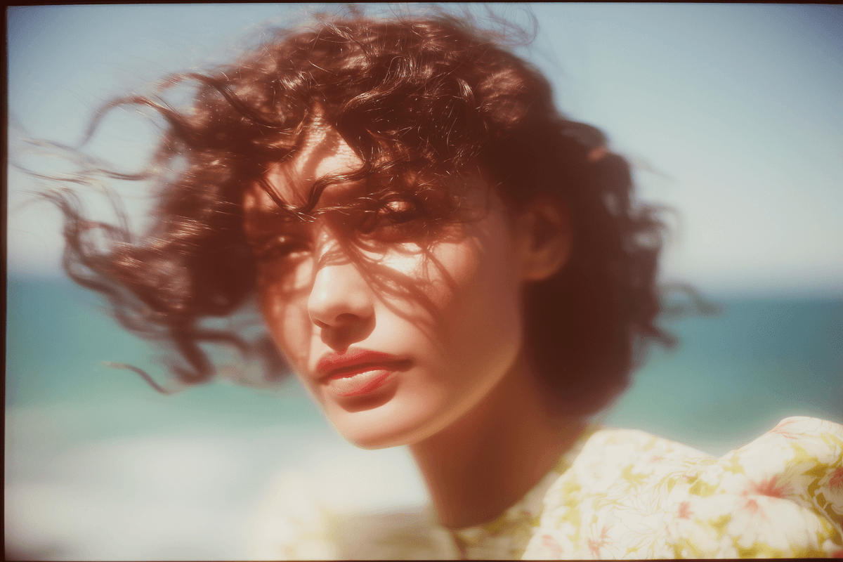 A woman with curly hair gazes thoughtfully at the camera, with a beach and ocean in the background.