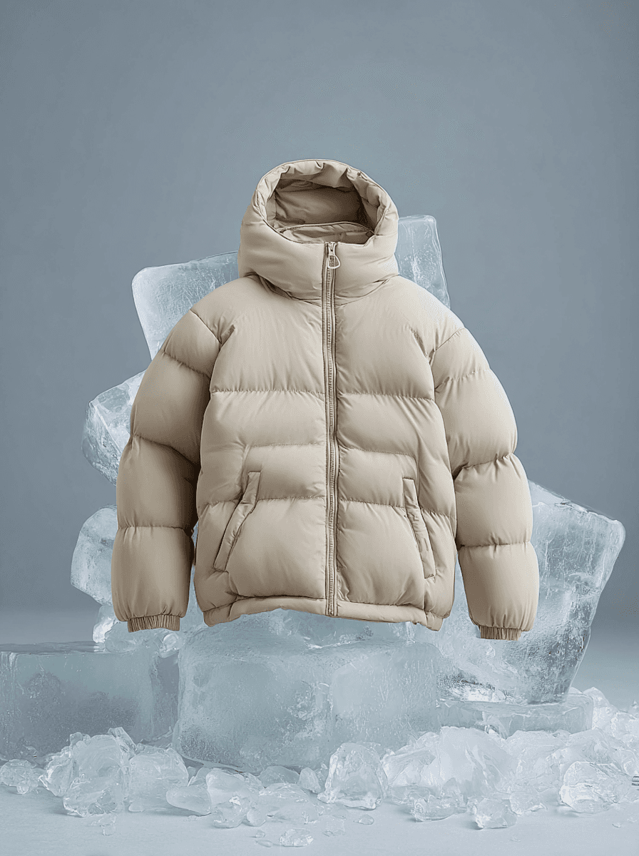 beige puffer jacket on ice blocks