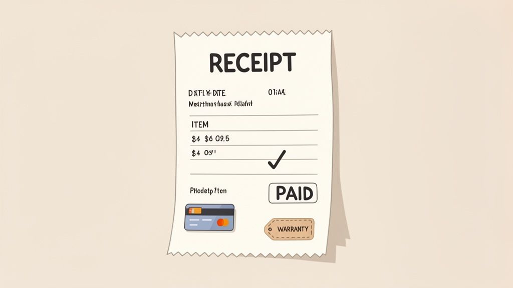 An illustration of a stylized receipt showing itemized purchases, payment details, and a warranty tag.