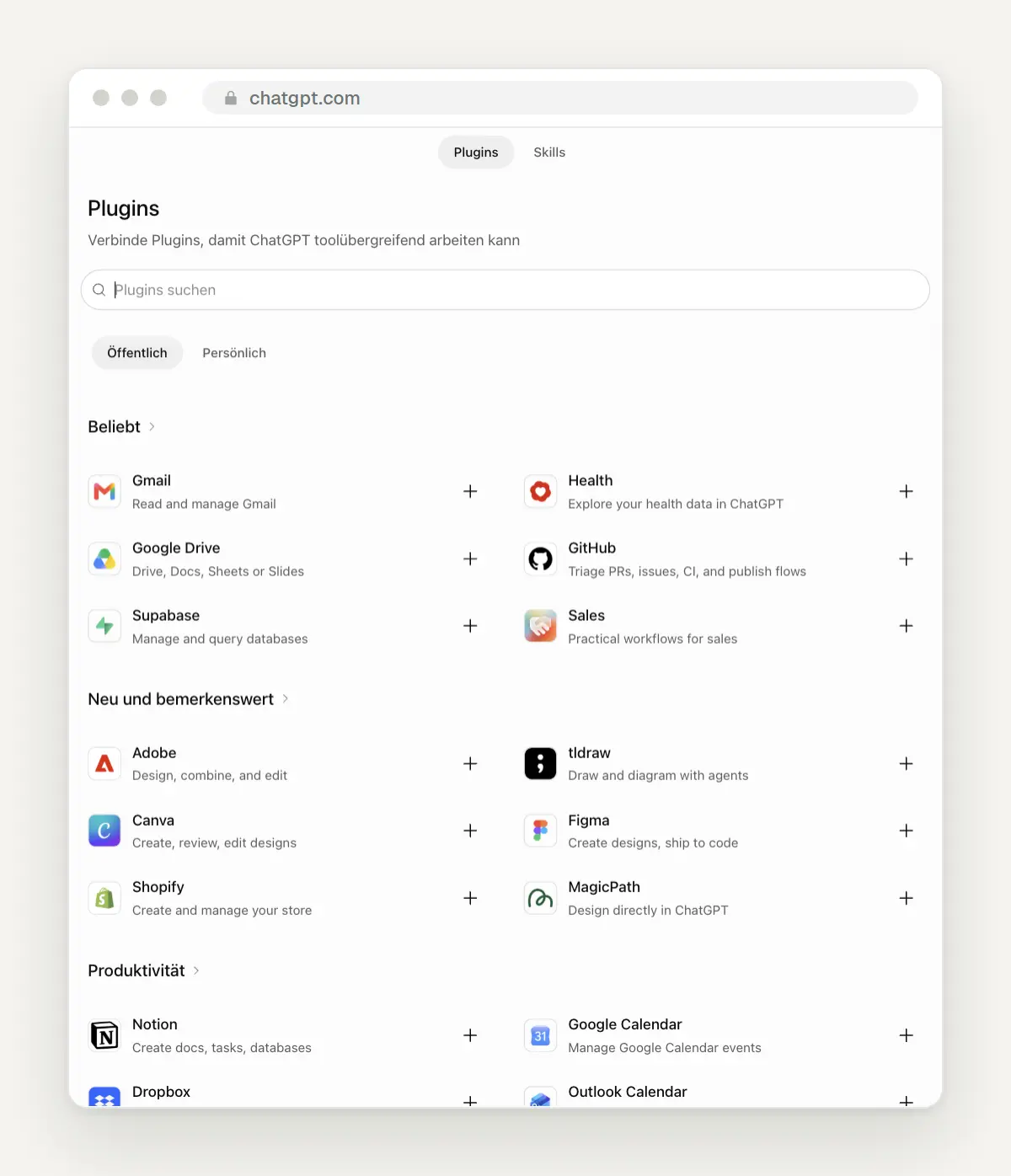 Plugin-Seite in ChatGPT mit Gmail, Google Drive, Canva, Shopify und Figma