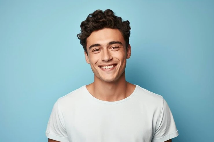 Young man winking and showing a healthy white smile against light blue background.