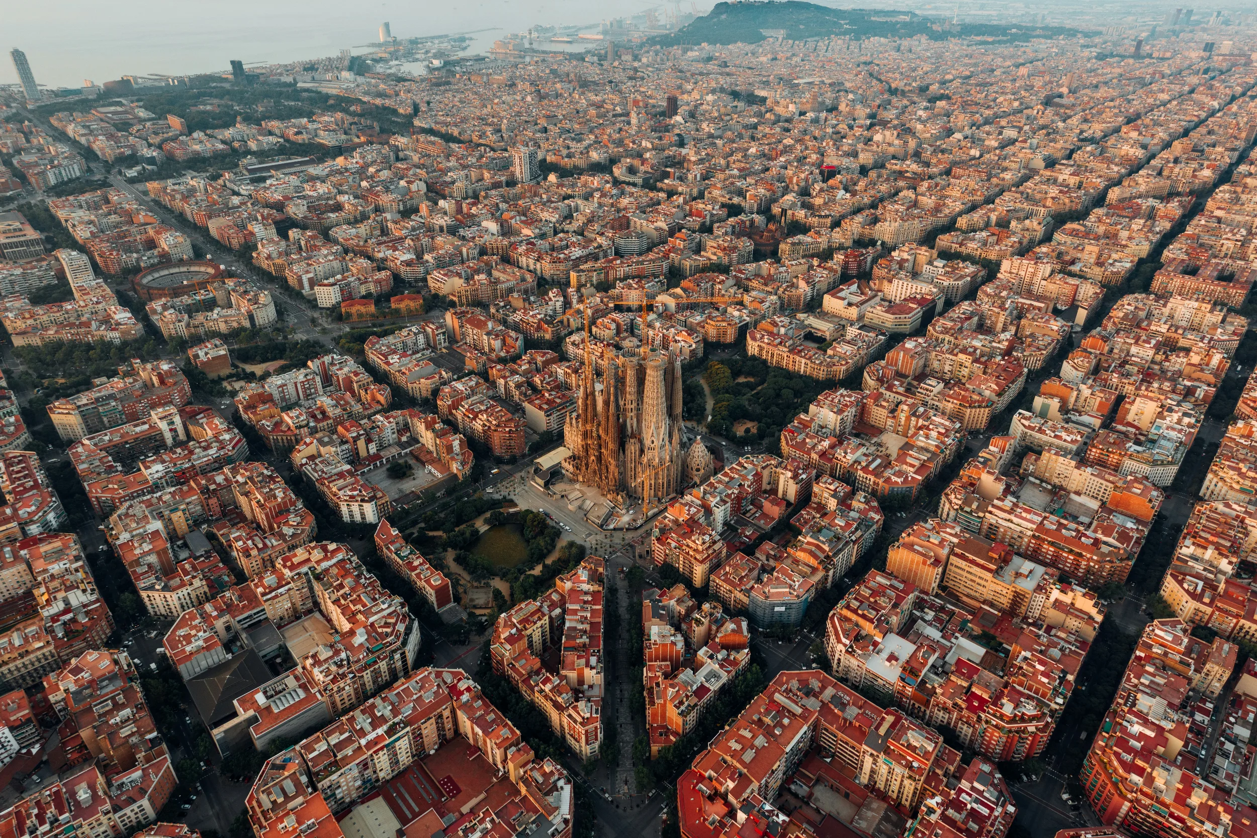 Aerial view of Barcelona's Eixample district with Sagrada Familia