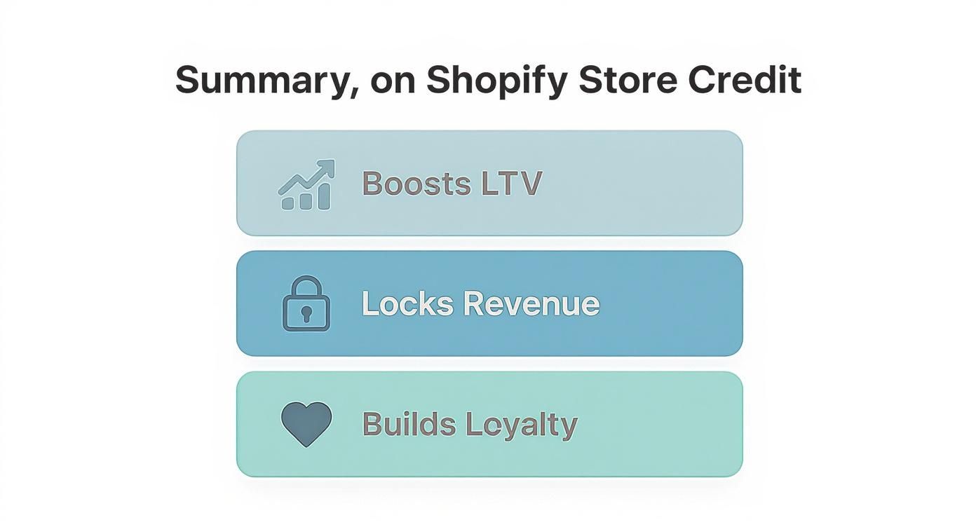 Summary of Shopify Store Credit benefits: boosts LTV, locks revenue, and builds loyalty.