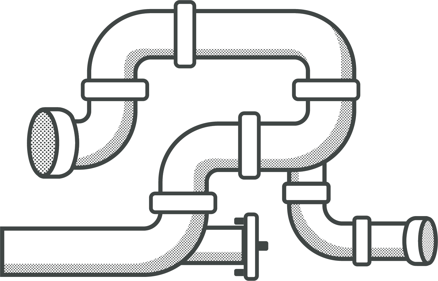 White plumbing pipes with elbow joints and connectors against a black background.