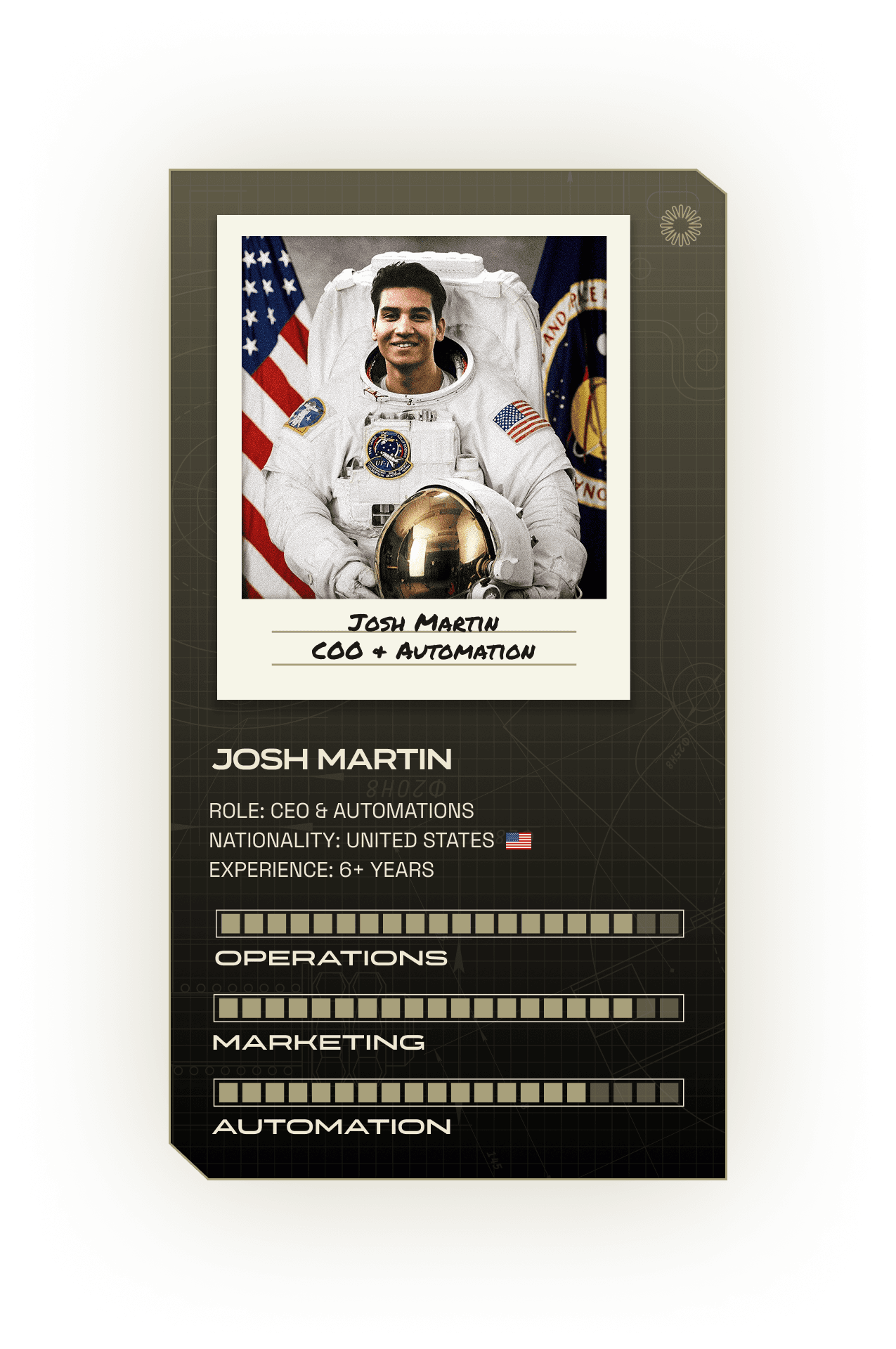 An astronaut in a white space suit stands proudly, holding a helmet, with one American and one South African flag behind, showcasing digital design and user experience expertise on a stylized profile card.