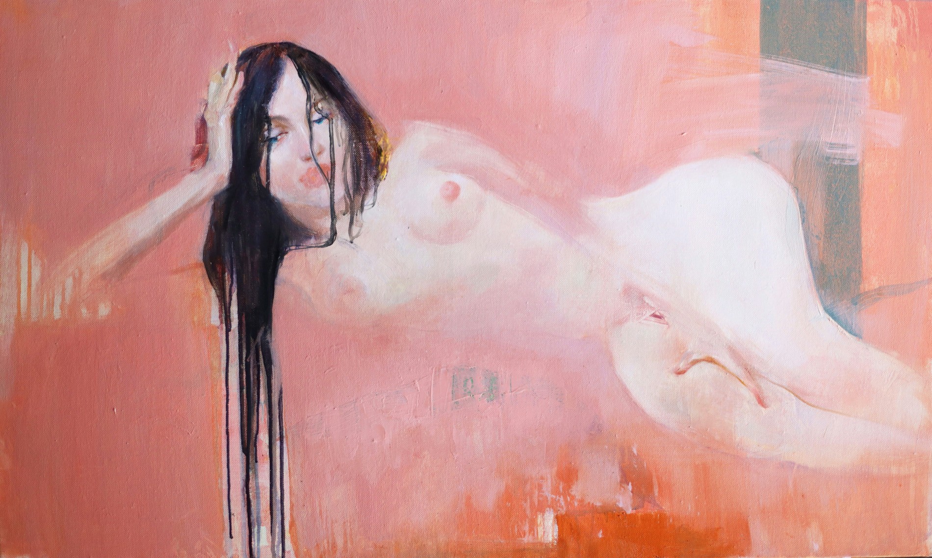 A stylized painting depicts a reclining nude figure with long, flowing dark hair against a soft pink and orange background, capturing a sense of relaxed elegance and artistic expression.