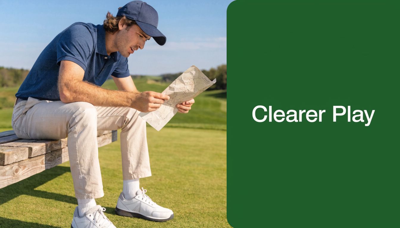 A man wearing a golf outfit sits on a wooden bench reviewing a detailed golf course map.