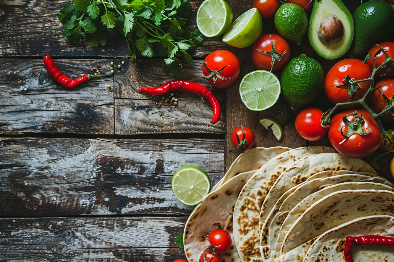 Colorful Mexican ingredients including tortillas, limes, avocados, and chiles, representing Chef Iliana Stone’s Houston private chef cuisine.