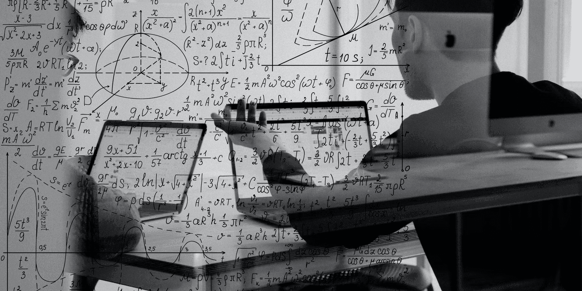 Black and white composite image of a person at a desk with mathematical equations overlaid in the foreground