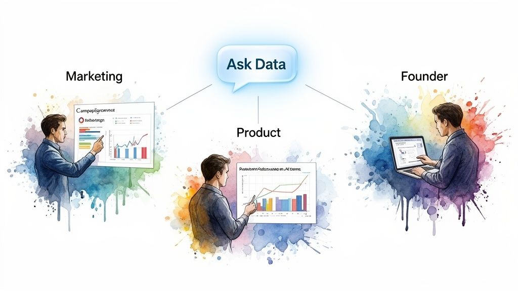 Three professionals (Marketing, Product, Founder) accessing and analyzing data through an 'Ask Data' platform.