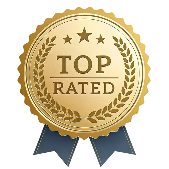 Gold Top Rated award medal with blue ribbons