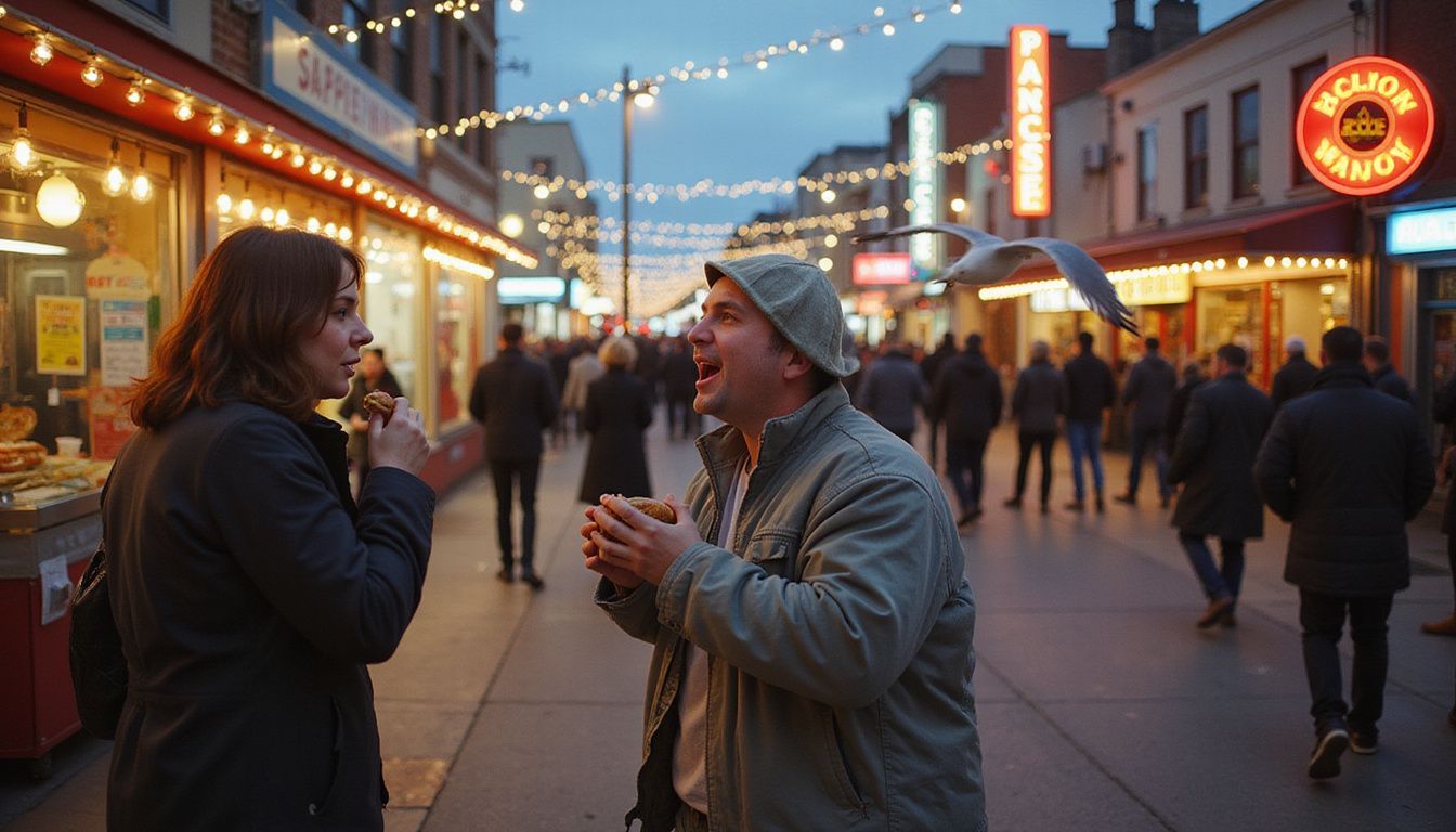 A street performer in a clam costume mimics dramatically as a seagull steals a hot dog from a tourist.