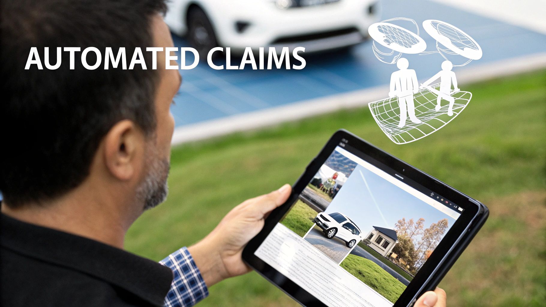 Man views automated claims on a tablet showing a car and house, with digital insurance icons.