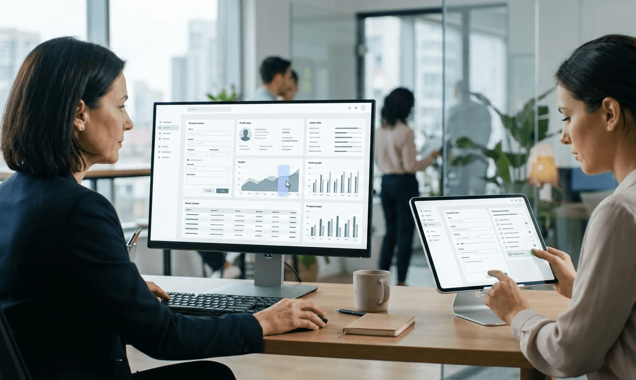 A sophisticated digital banking onboarding system shown across multiple screens (desktop and tablet), depicting a seamless workflow between two professional roles in a modern office environment, one user reviewing financial data while another processes verification tasks, clean and minimal fintech interface with structured forms and dashboards, subtle visual cues of interaction such as cursor movement and soft highlights on active elements, balanced composition showing workflow continuity, neutral corporate color palette (blues, whites, soft greys), natural lighting, high-end product photography style, shallow depth of field, realistic UI, no text, no labels, no watermarks, no typography, professional case study aesthetic, 16:9 aspect ratio