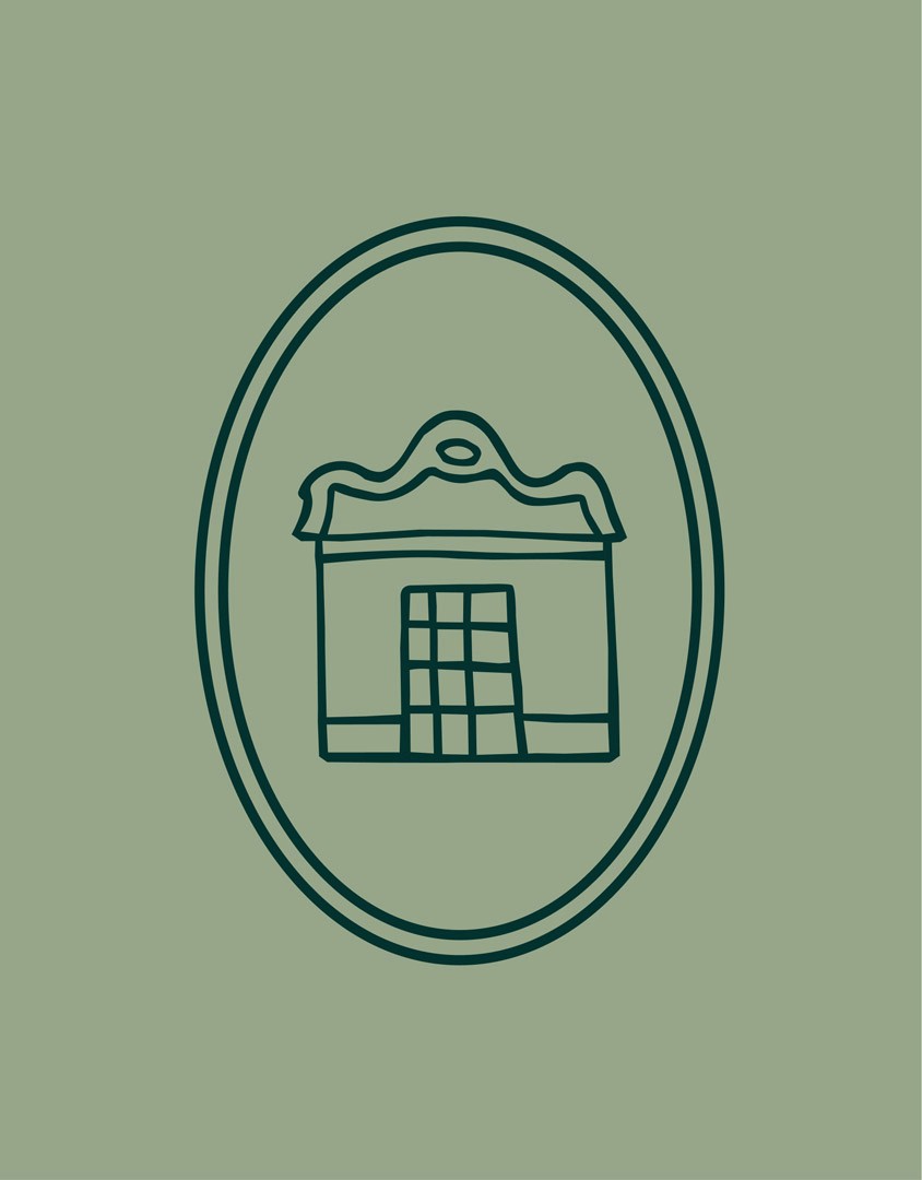 Sage green illustration of a building storefront inside an oval frame.