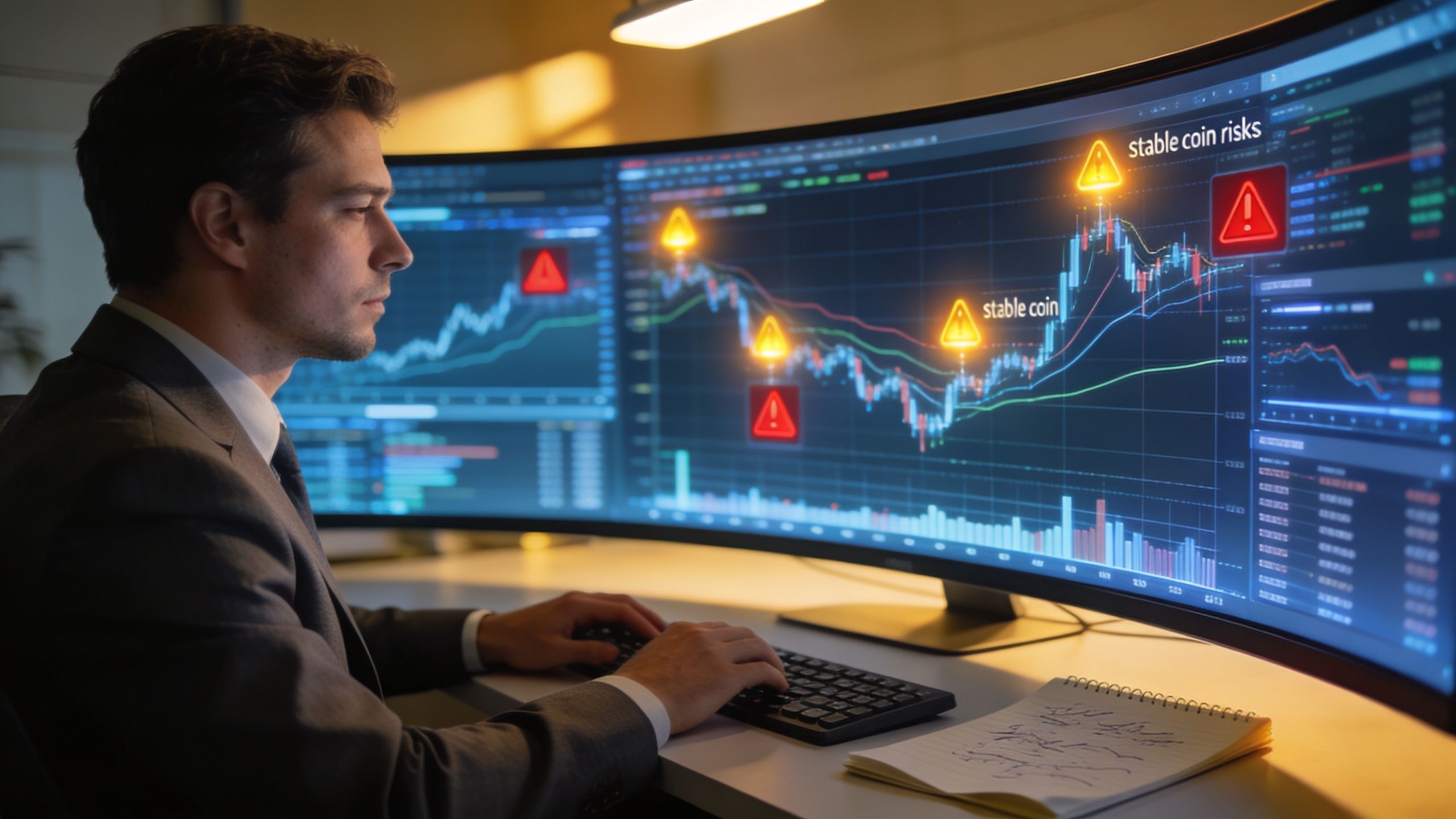 A professional financial analyst working at a desk, monitoring cryptocurrency charts with alerts about stablecoin risks.