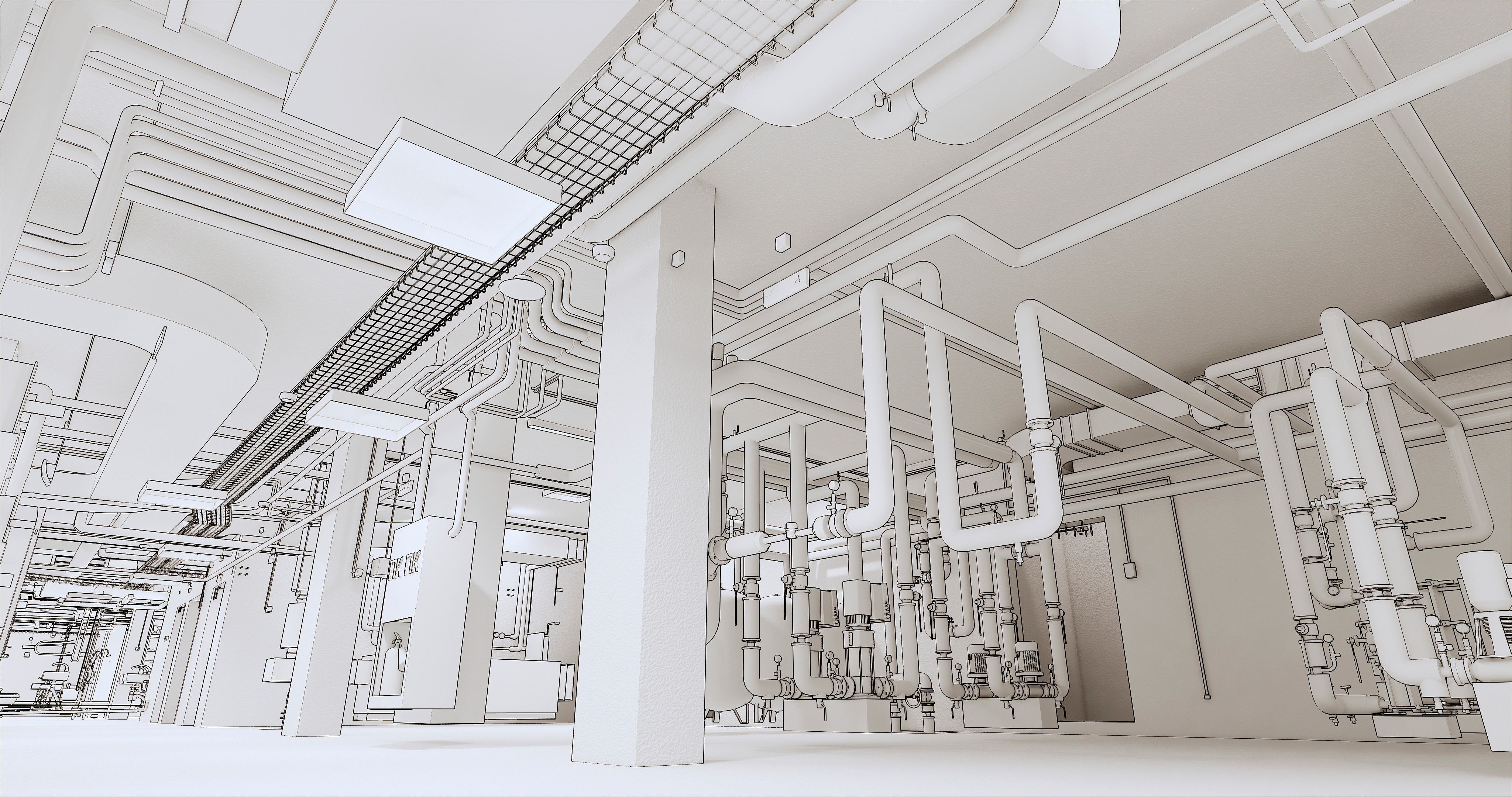 Gerenderte Perspektive eines BIM-Modells mit Architektur und TGA