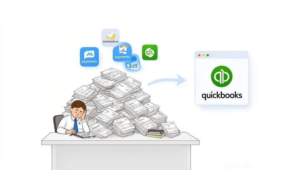 An overwhelmed accountant with documents and apps integrating various financial data into QuickBooks.