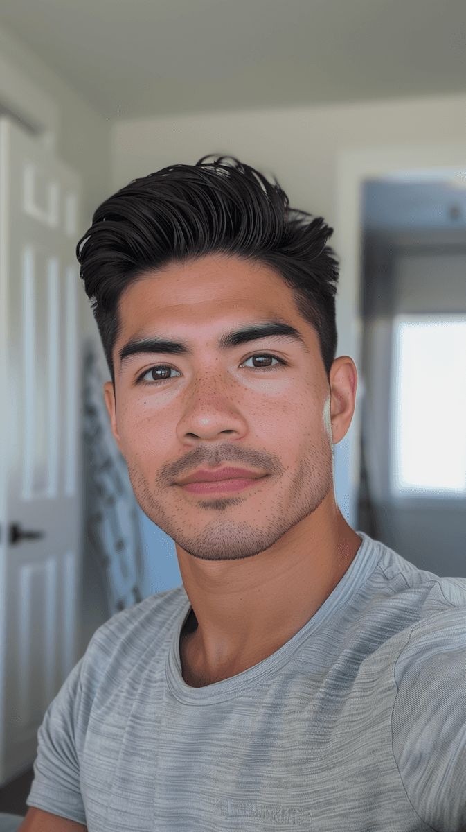 Young Asian man with dark hair and stubble, wearing a gray t-shirt in a softly lit room with a blurred background.