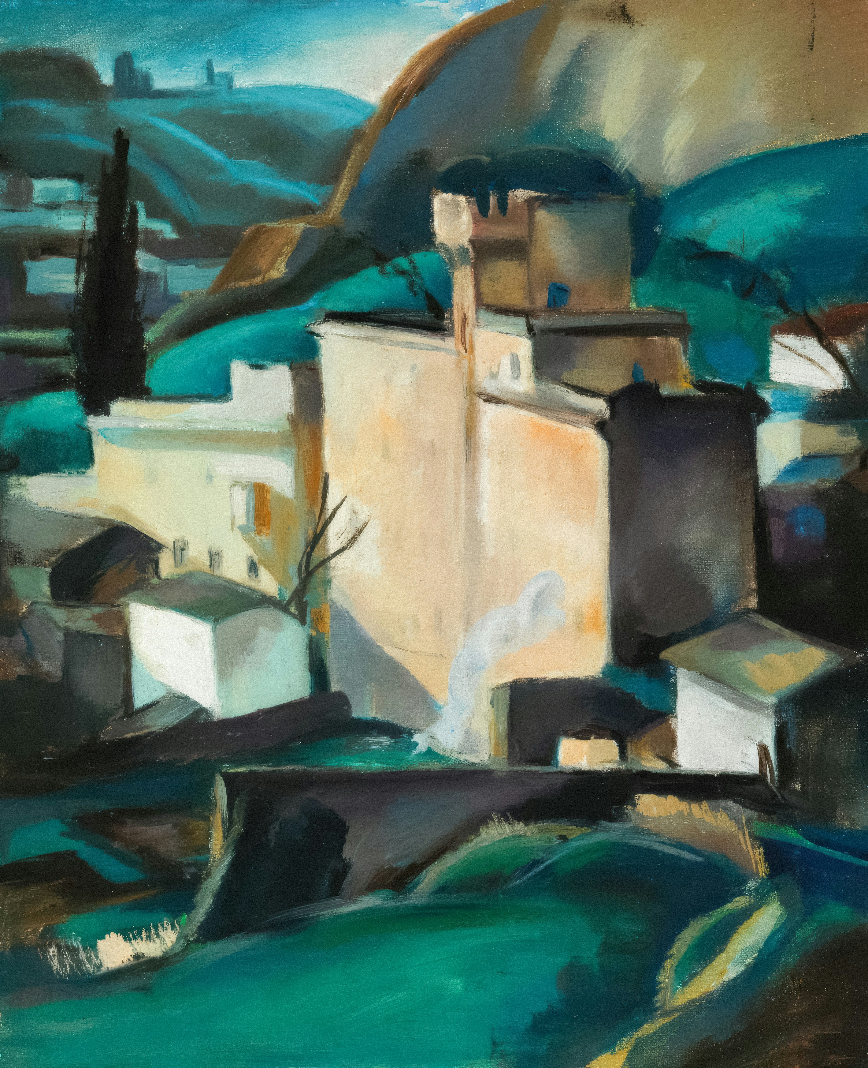 Abstract painting of a village nestled in rolling hills.