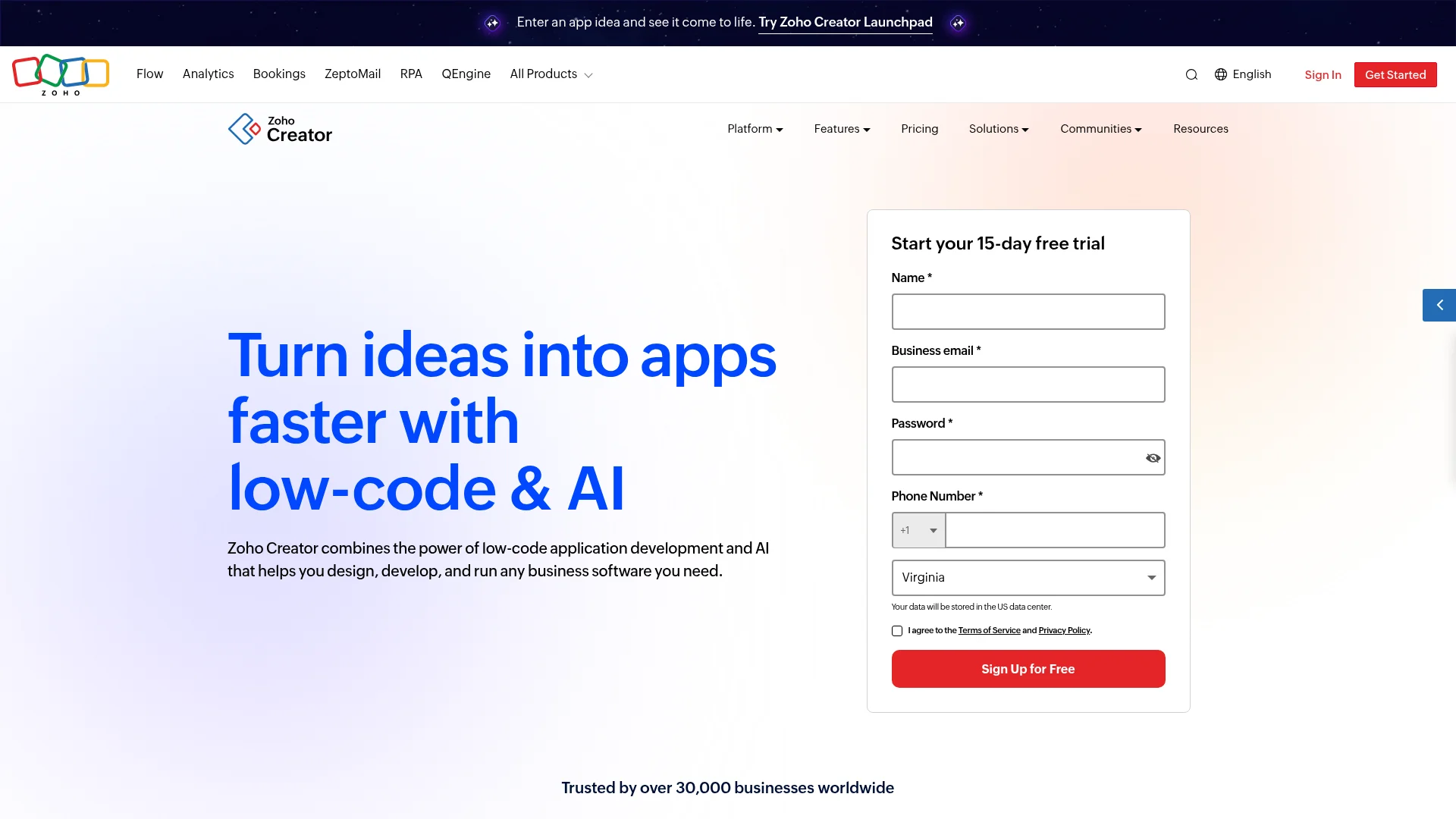Zoho Creator low-code app builder with drag-and-drop interface and workflow automation