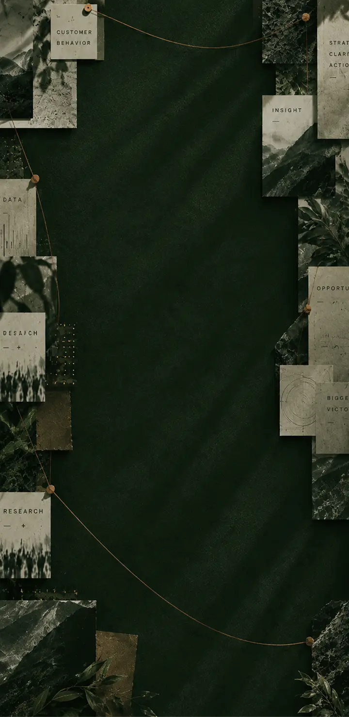 Plain Sight Strategy website hero with the headline ‘The Answer is Already There. You just have to see it differently.’ over a dark green editorial collage of research, data, and business imagery