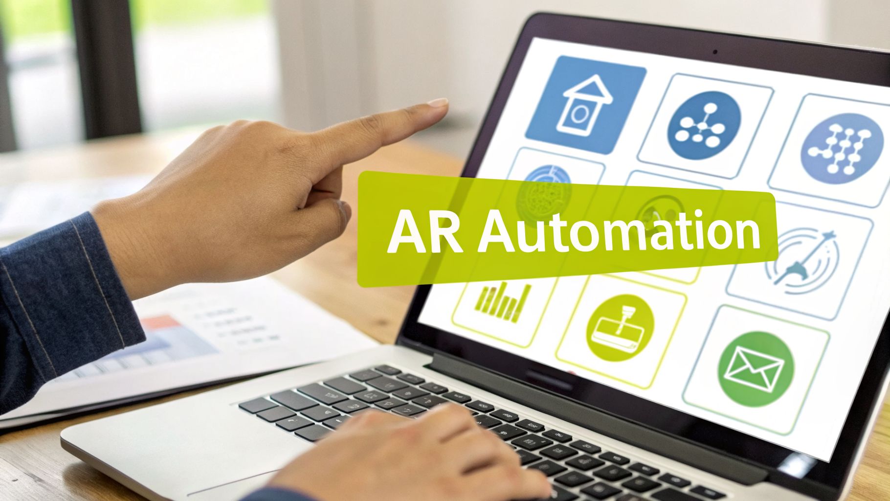 A person points at a laptop screen showing 'AR Automation' text and application icons, with hands typing.