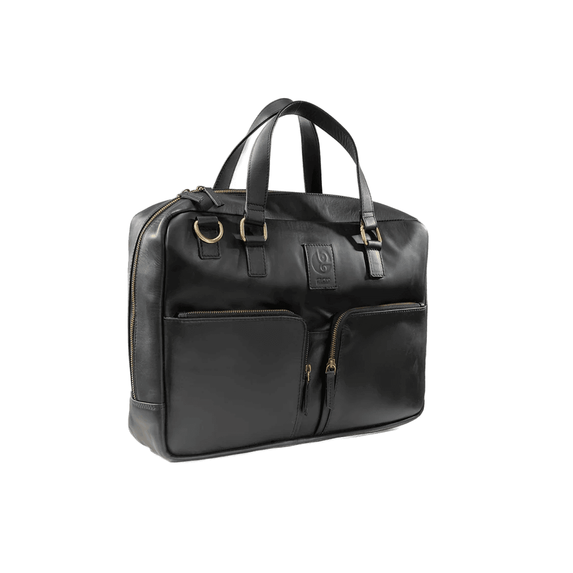 Black leather bag with gold zippers on a white background
