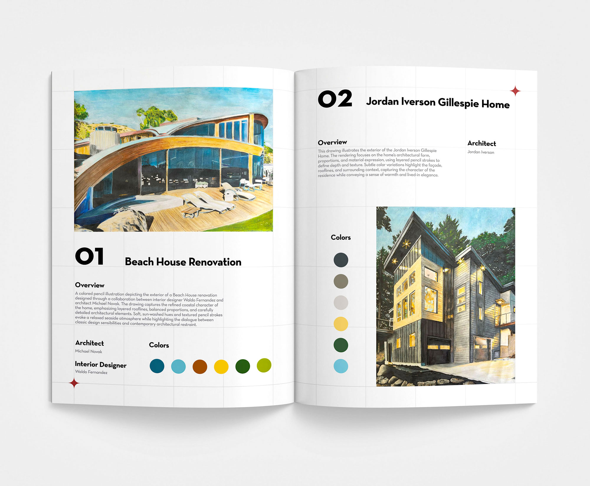 Page 2 and 3 of architecture zine, showcases projects 1 and 2