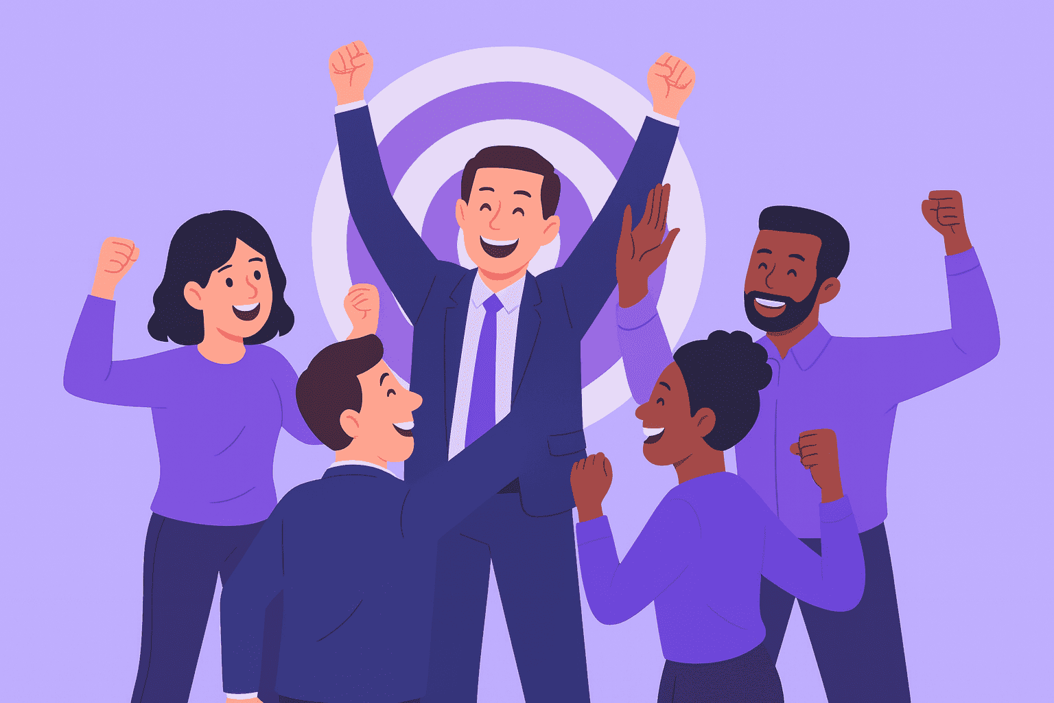 Flat-style digital illustration showing a happy leader celebrating with diverse team members in front of a large target, symbolizing teamwork and goal achievement.