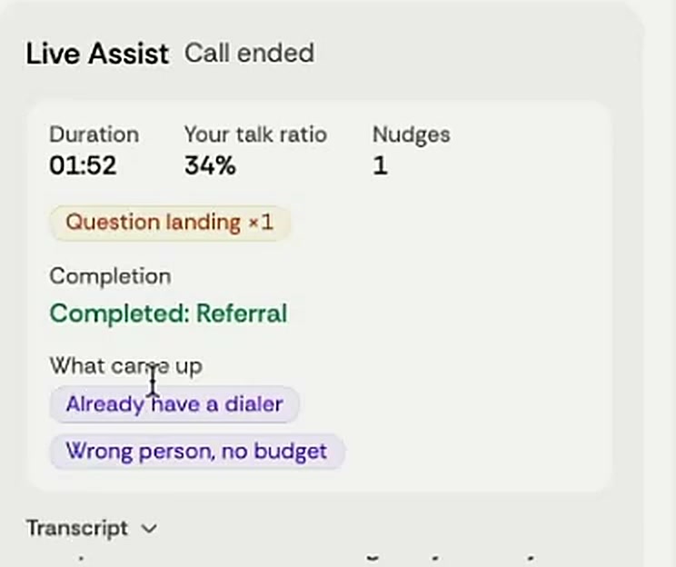 The Live Assist recap after a call: duration 01:52, talk ratio 34%, one nudge, Completed: Referral, and the two objections that came up