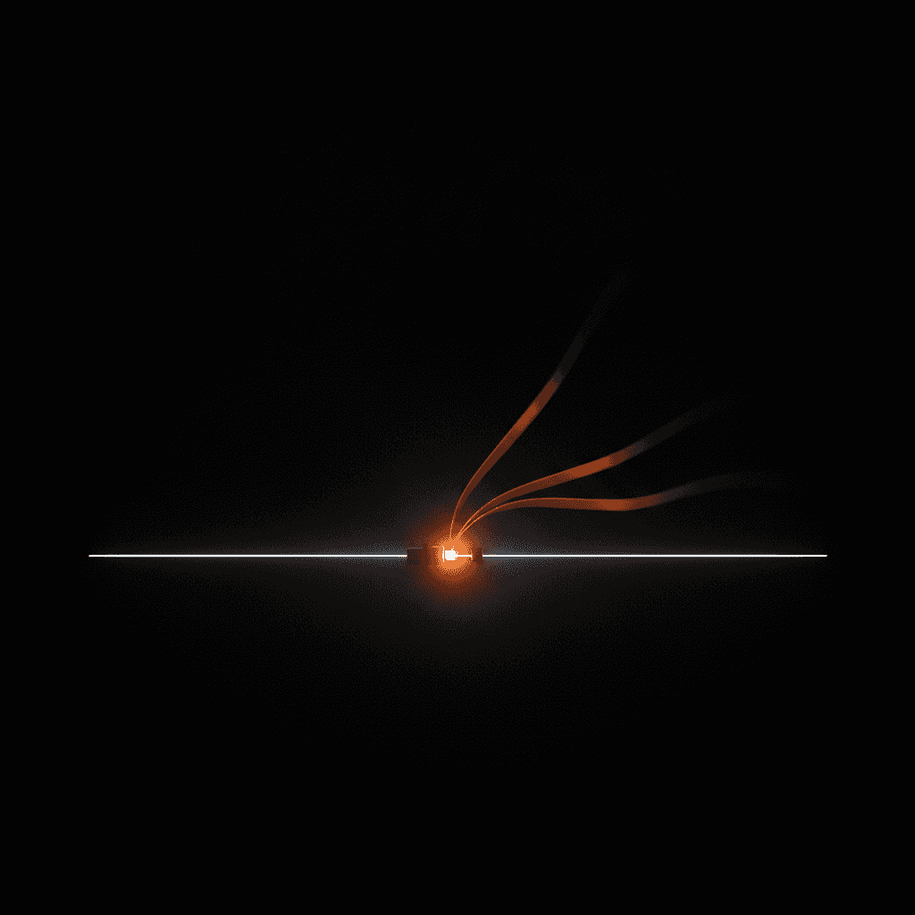 A single thin line of light bisecting black space, broken at center with orange glow