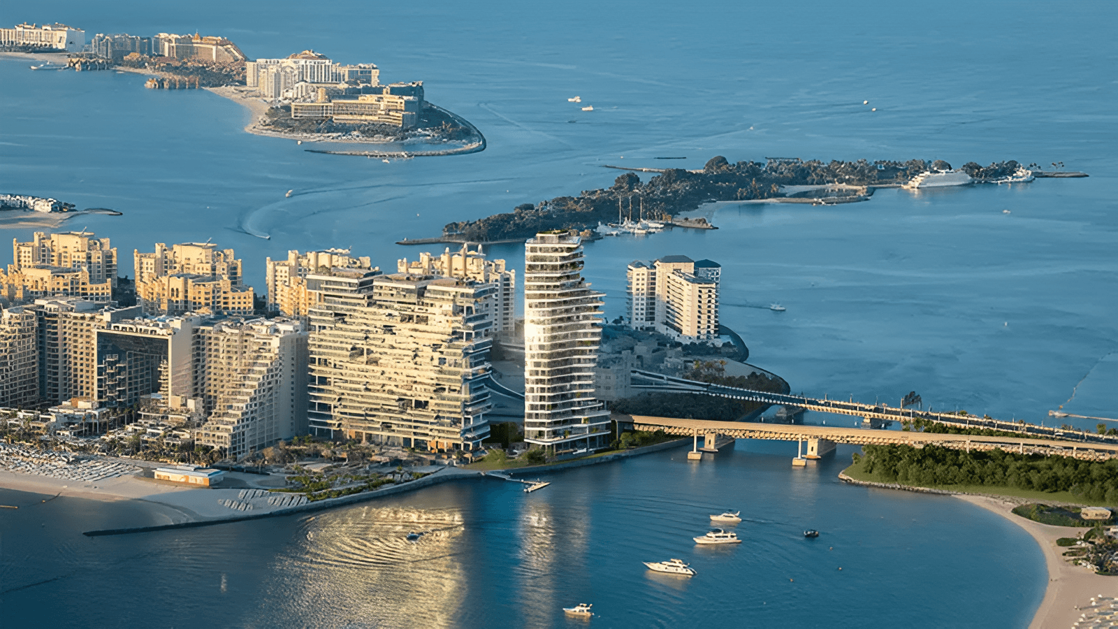 Aerial view of Ava at Palm Jumeirah by Omniyat, showing its unique curved architecture on the Dubai coastline.