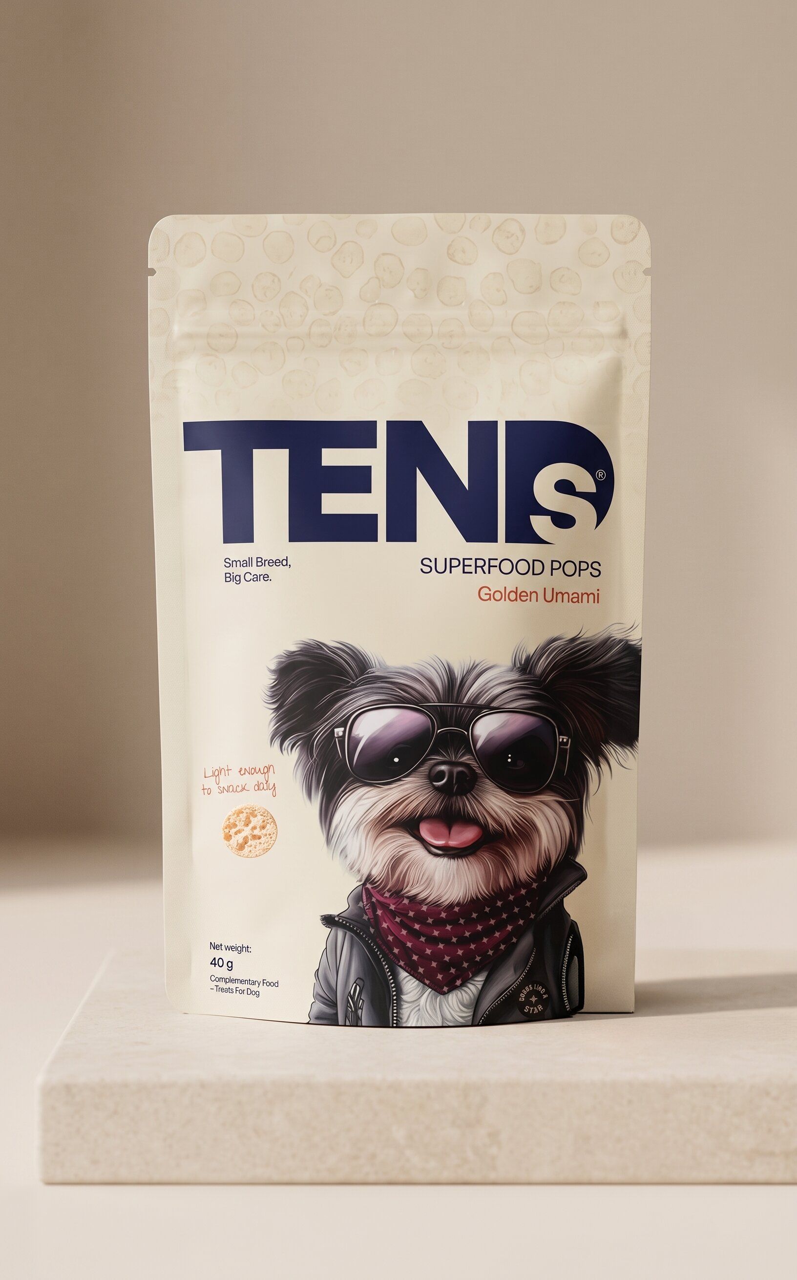 Single TENDS Superfood Pop in soft natural light against a clean neutral surface — the light, calorically-honest treat made to fit the toy-breed treat math.