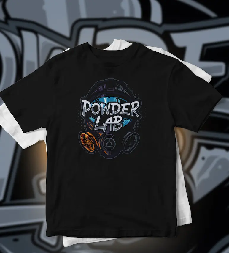 Powder Lab black T-shirt with custom gas mask and alloy wheel graphic illustration in graffiti style — automotive apparel design by Slow Knife Design