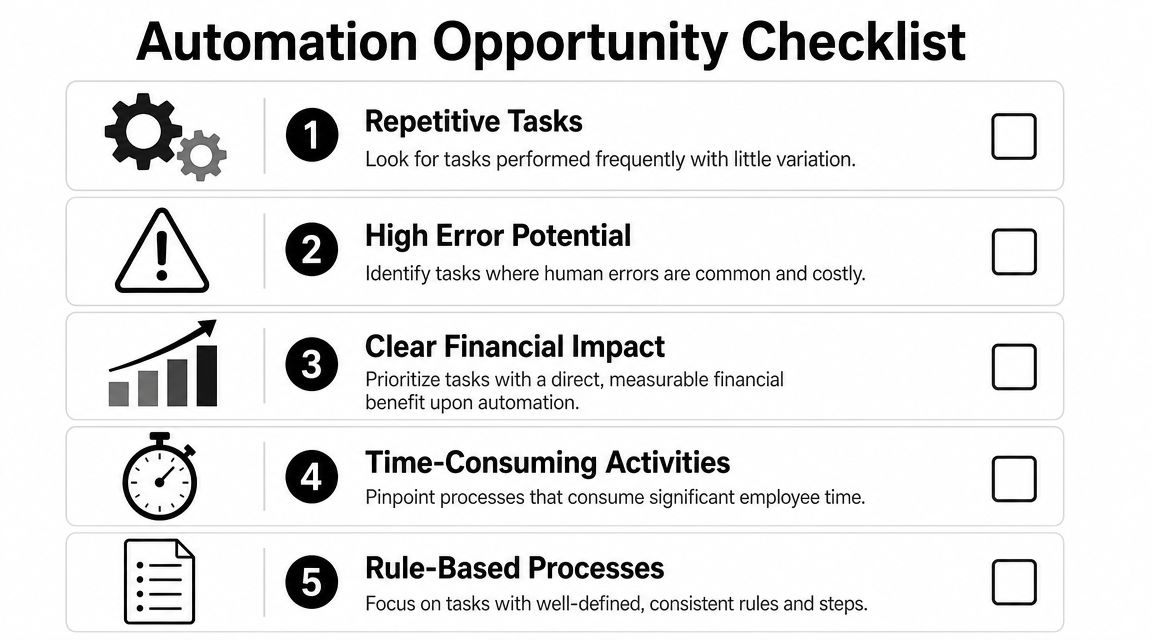 An Automation Opportunity Checklist infographic listing five key criteria for identifying tasks suitable for business automation.