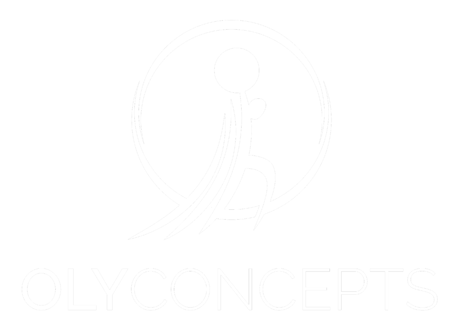 "Oly Concepts" logomark of what appears to be a stick figure person with movement lines
