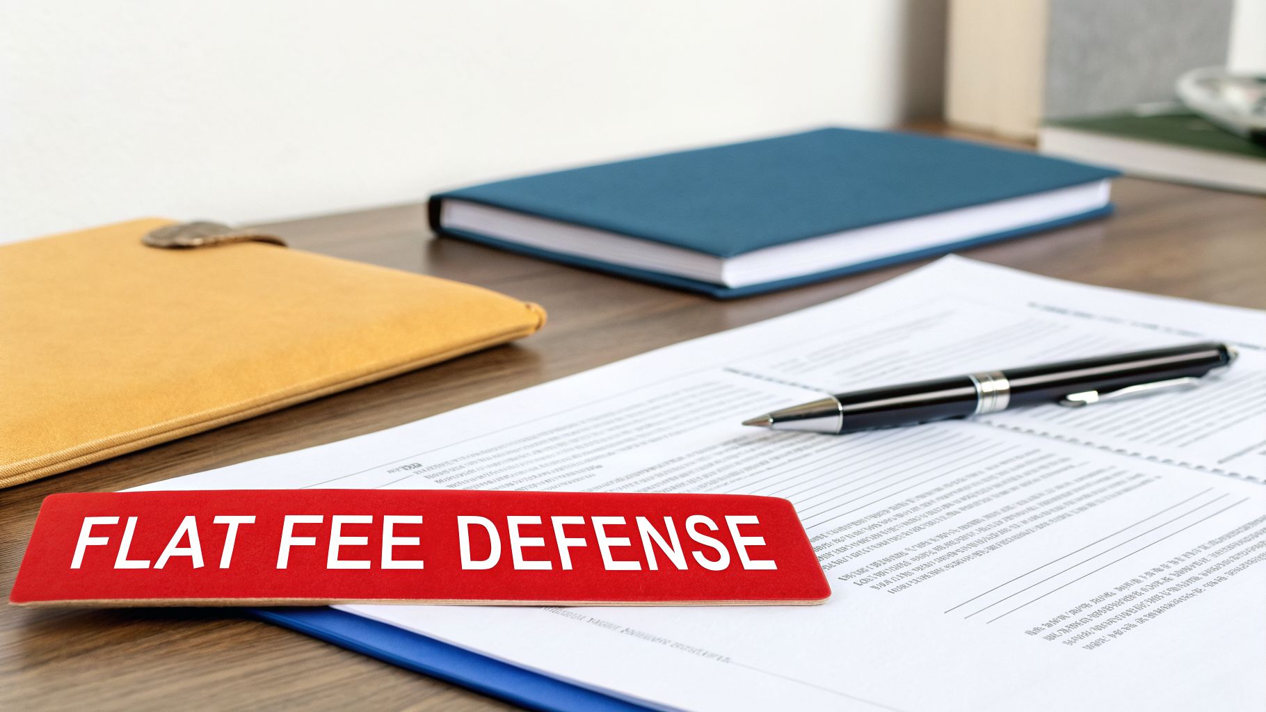 A red sign reading 'FLAT FEE DEFENSE' on a professional desk with documents, a pen, and books.