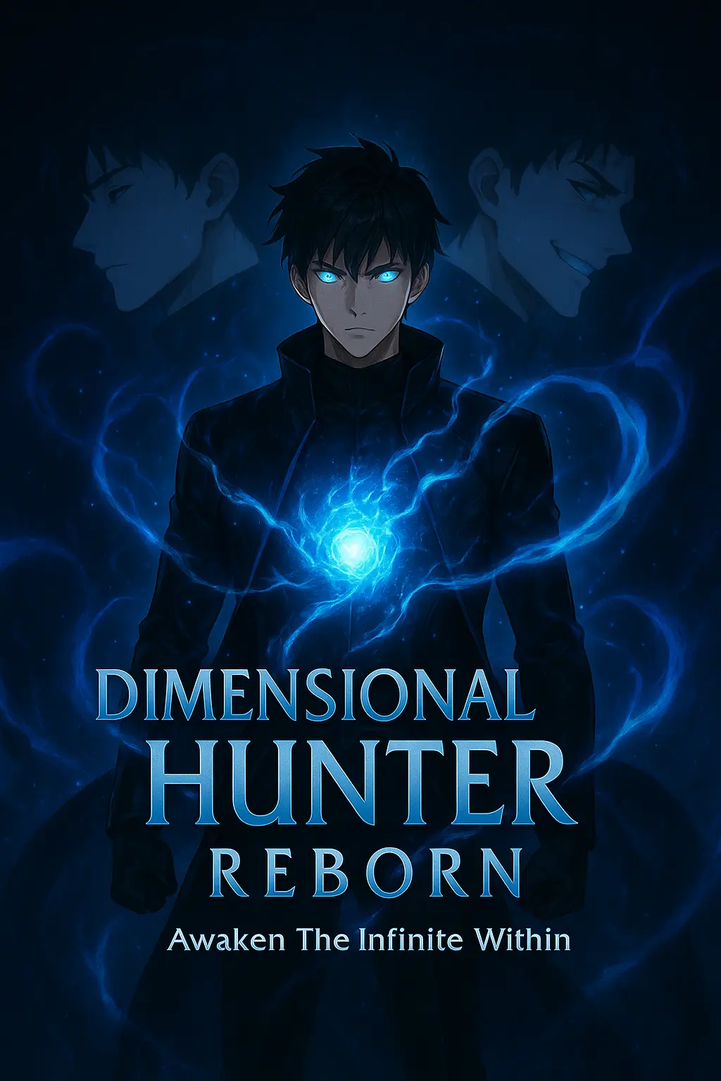 AI-generated anime/manhwa character "Dimensional Hunter Reborn" featuring male character with glowing blue eyes and electric neon effects, "Awaken The Infinite Within" tagline for gaming or web series by Mahendra