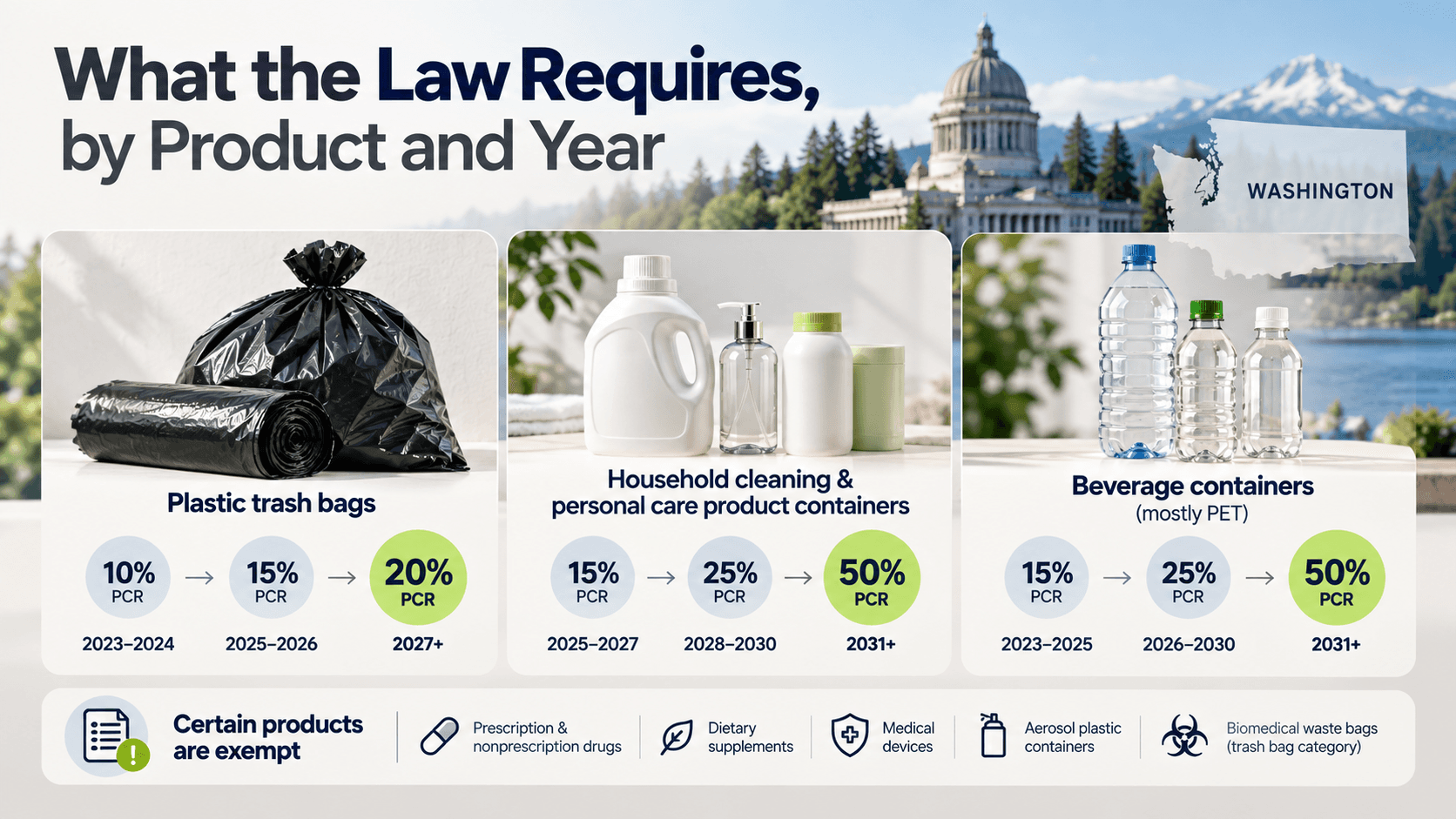 Washington State's postconsumer recycled content requirements by product category and year — trash bags, beverage containers, household cleaning and personal care products