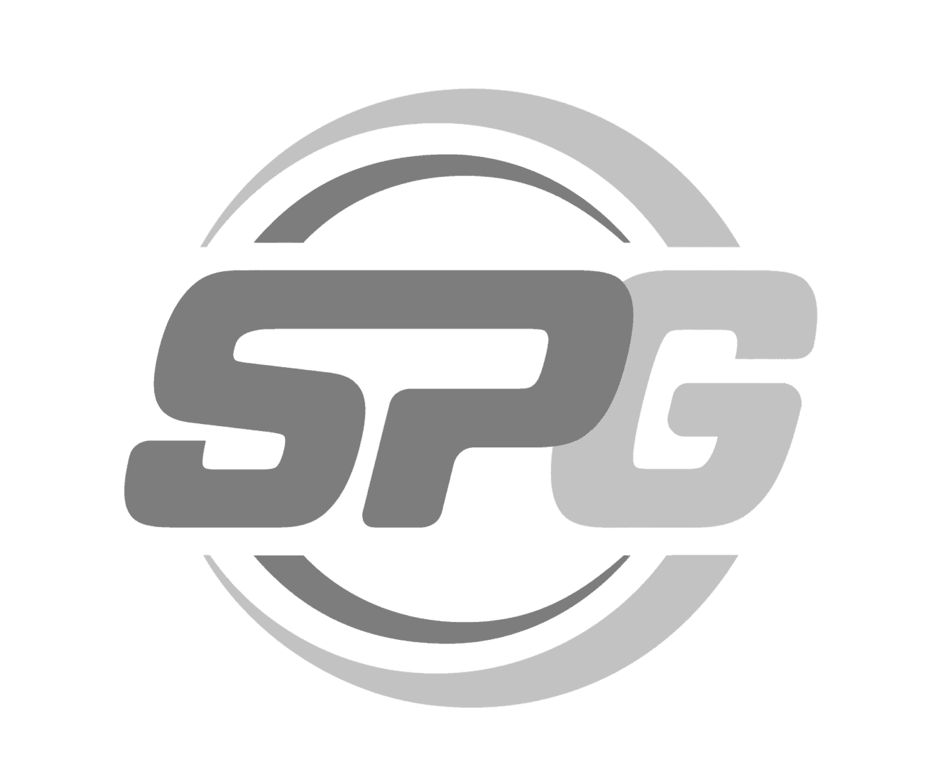 SPG Logo, rundes Design in Grau auf schwarzem Hintergrund
