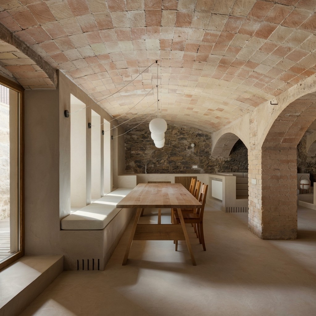 Rustic dining space with a vaulted brick ceiling, exposed stone walls, a long wooden table, and built-in seating.